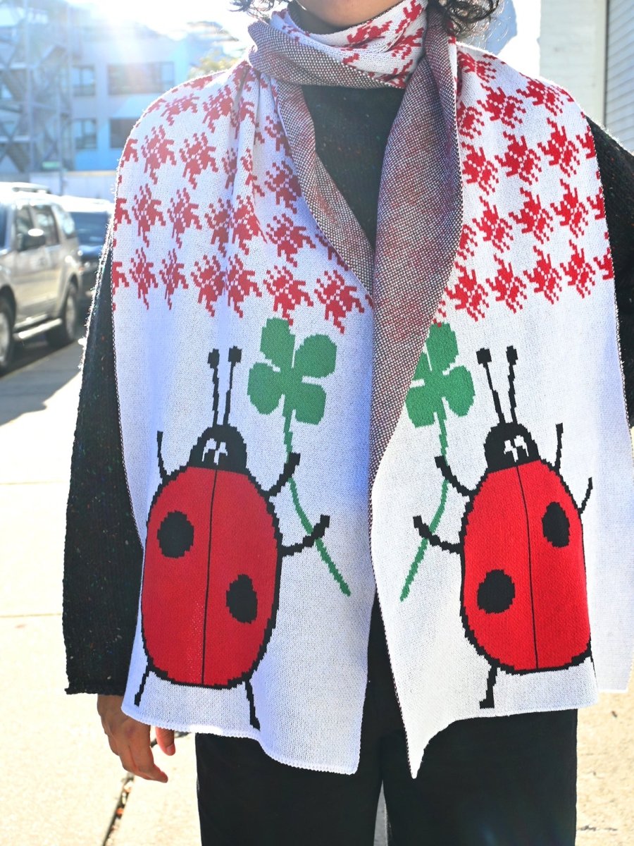 "Lucky Bug" Jumbo scarf. Made on Long Island, New York, USA, with recycled cotton and recycled polyester. Designed in NYC by Ho Hos Hole in The Wall. 12" x 78"