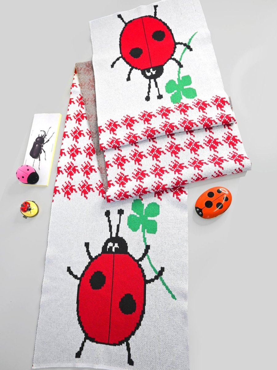 "Lucky Bug" Jumbo scarf. Made on Long Island, New York, USA, with recycled cotton and recycled polyester. Designed in NYC by Ho Hos Hole in The Wall. 12" x 78"