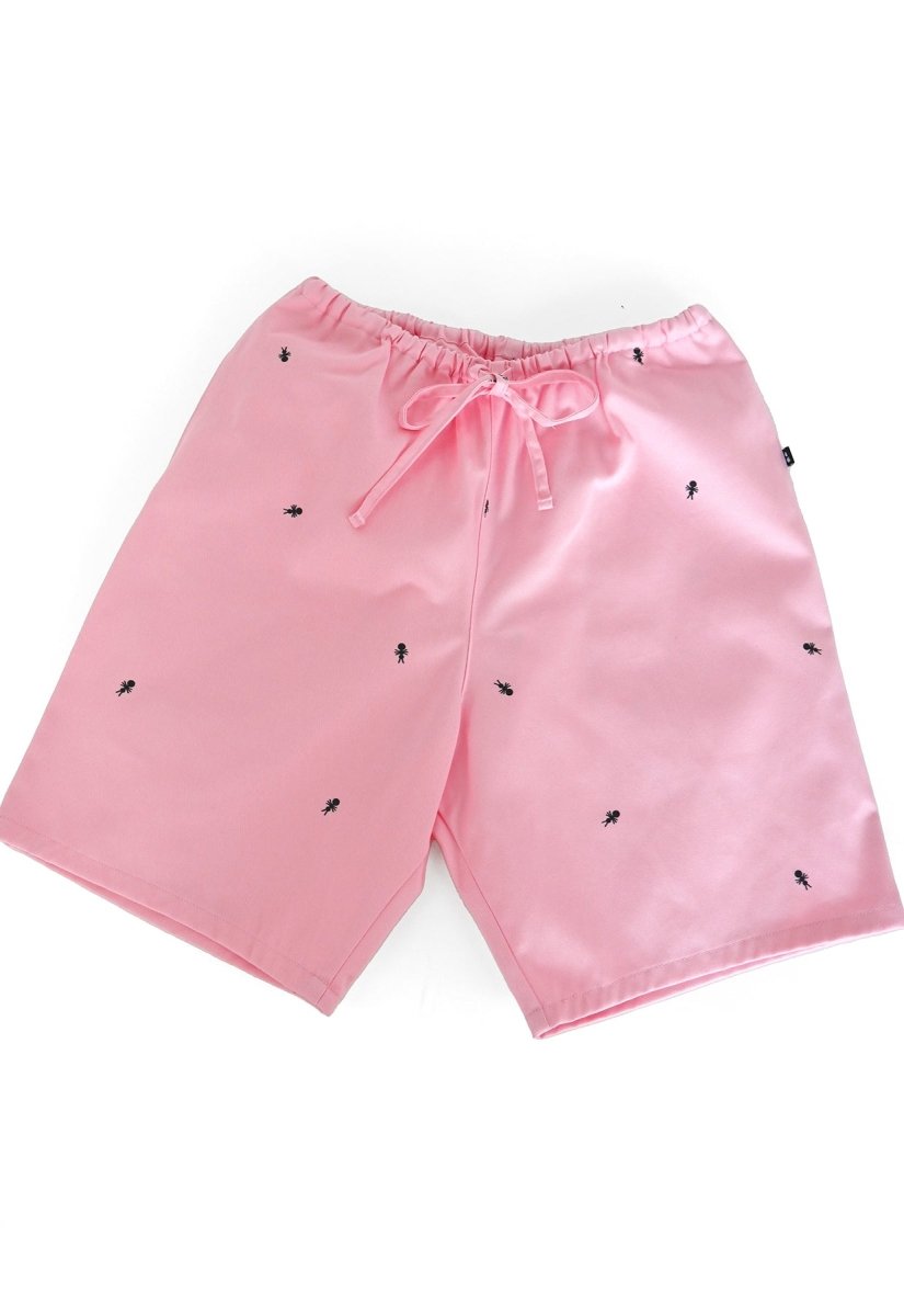 HO HOS HOLE IN THE WALL brand Custom print "Ants on Your Pants" pull-on shorts in Pink Lemonade dye colorway